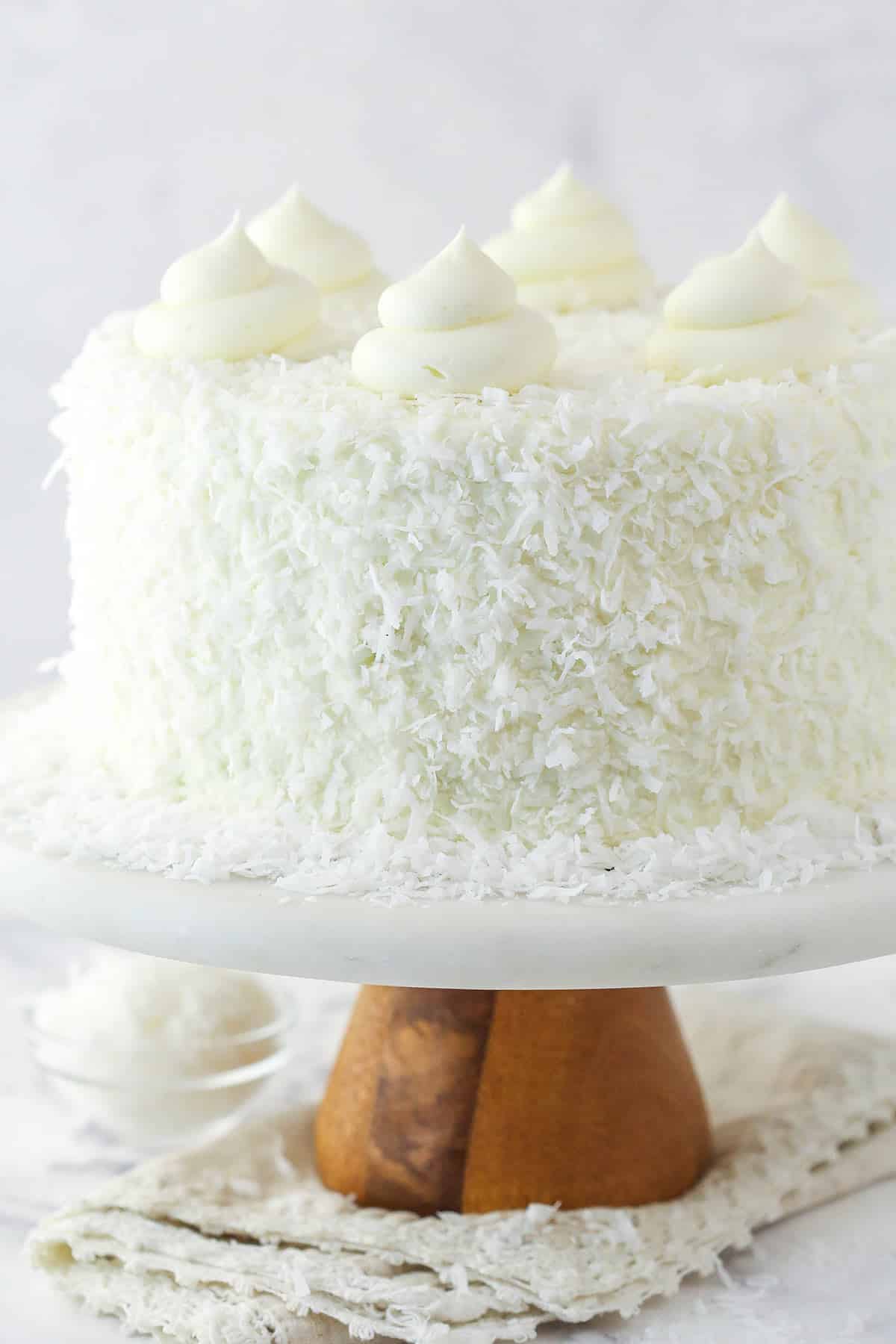 Coconut chocolate cake on a cake stand.