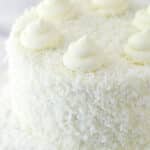 Closeup of coconut chocolate cake on a cake stand.