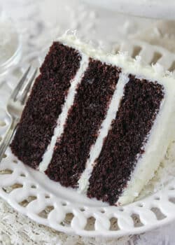 A slice of chocolate coconut cake on a plate.