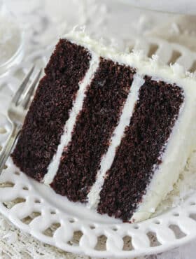 A slice of chocolate coconut cake on a plate.
