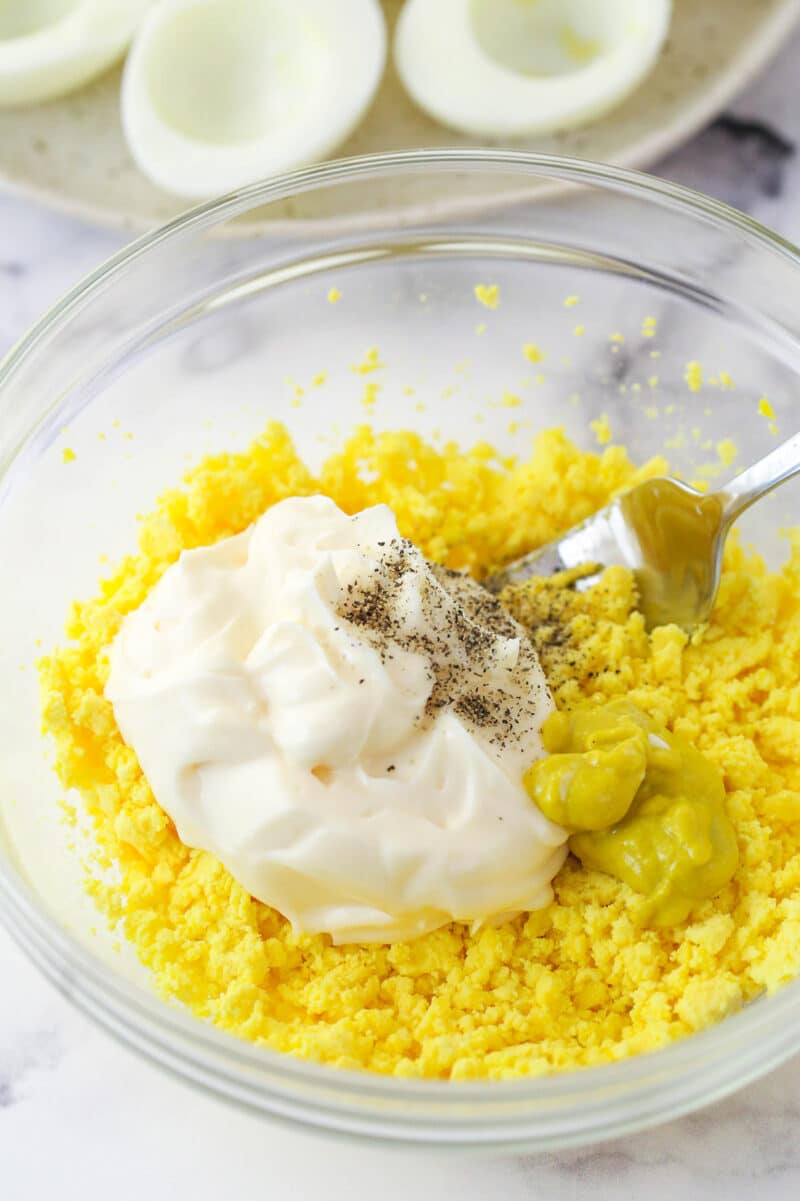 Adding mayo, mustard, salt, and pepper to mashed egg yolks.