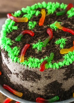 Overhead view of a full Dirt Cake on a gray cake stand