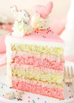 A slice of Frosted Circus Animal Cookie Cake next to a silver fork on a white plate