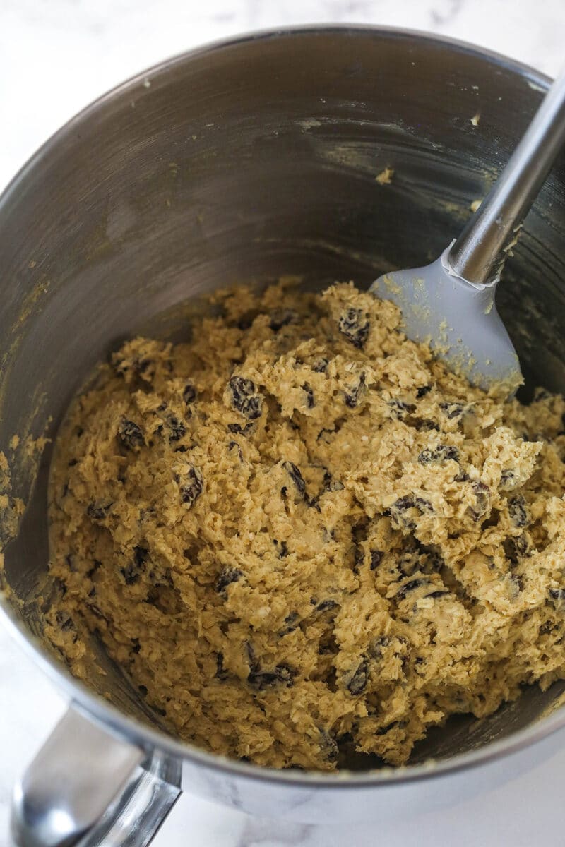 Mixing oats and raisins into cookie cake batter.