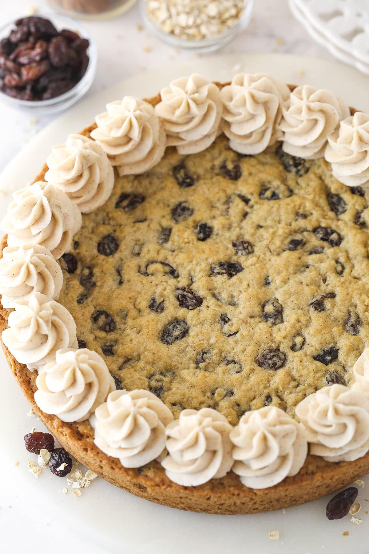 Overhead image of oatmeal raisin cookie cake.