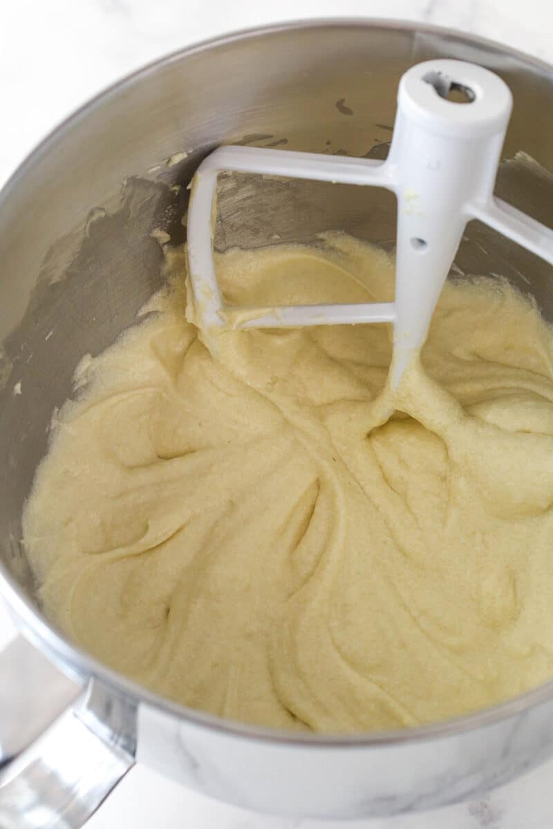 Mixing the last of the dry ingredients into vanilla cupcake batter.