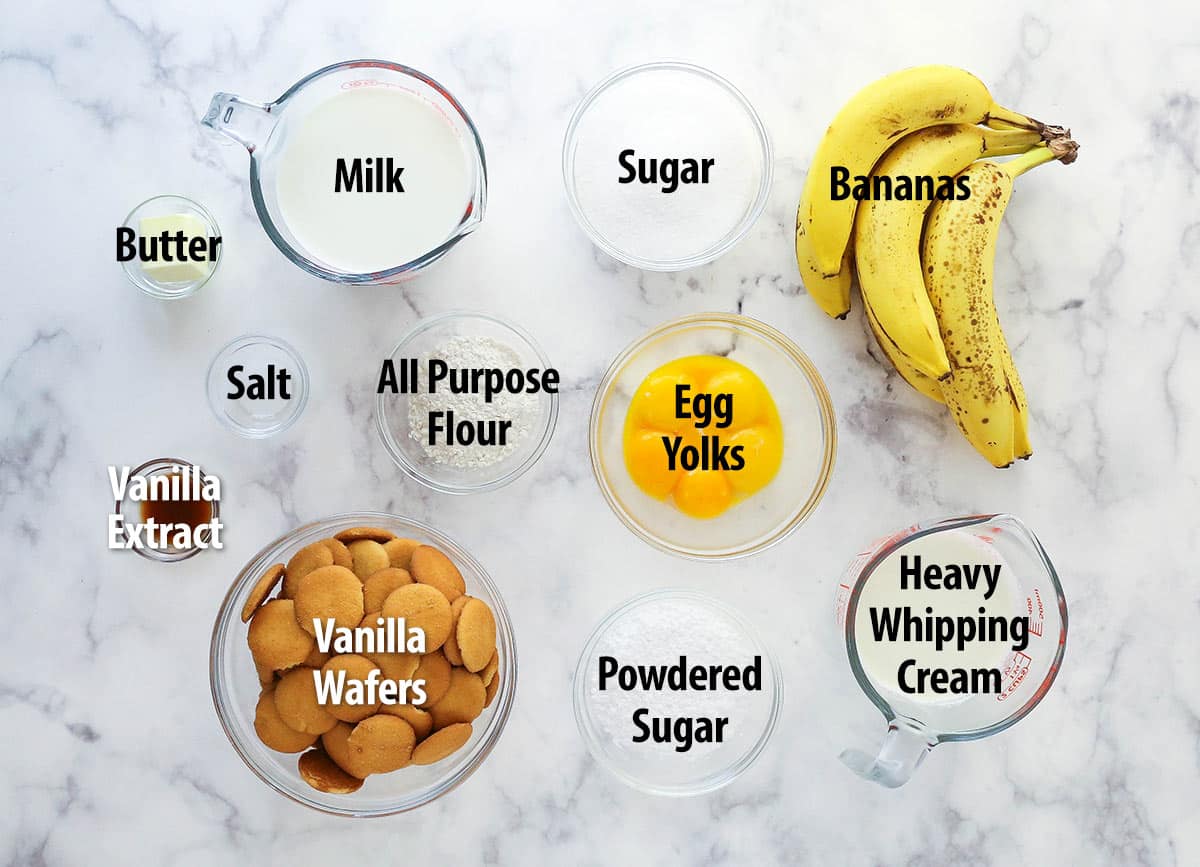 This from-scratch banana pudding is made of layers of vanilla wafers, banana slices, and thick, smooth banana flavor-infused vanilla pudding. Ingredients for banana pudding.