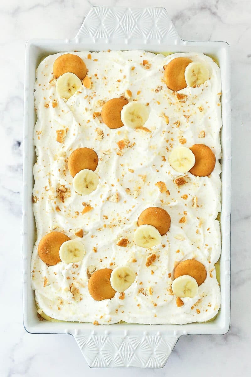 Overhead image of banana pudding in a baking dish.