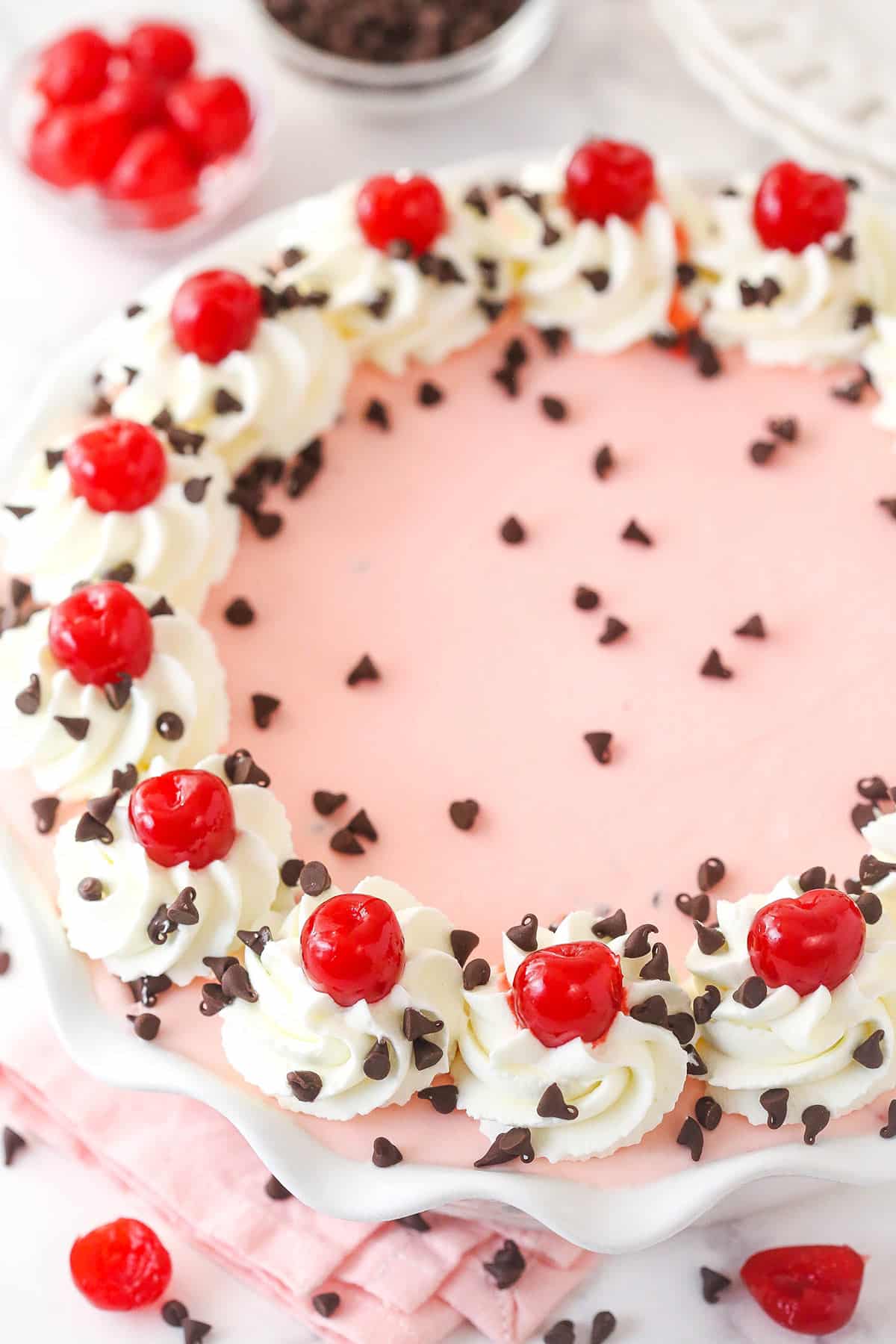 Overhead image of cherry chocolate ice cream pie.
