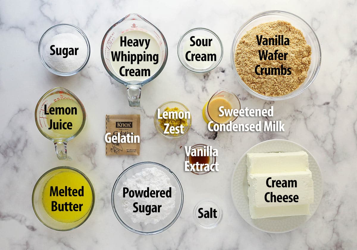 Ingredients for no bake lemon cheesecake.