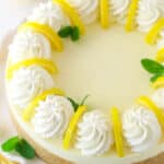 Overhead image of no bake lemon cheesecake on a serving platter.