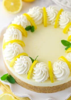 Overhead image of no bake lemon cheesecake on a serving platter.