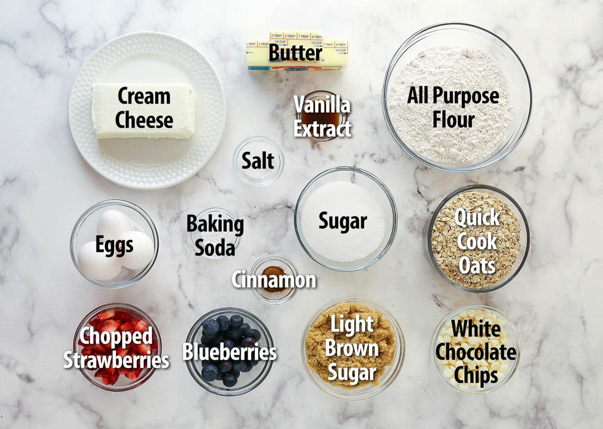 Ingredients for berry oatmeal cheesecake bars.