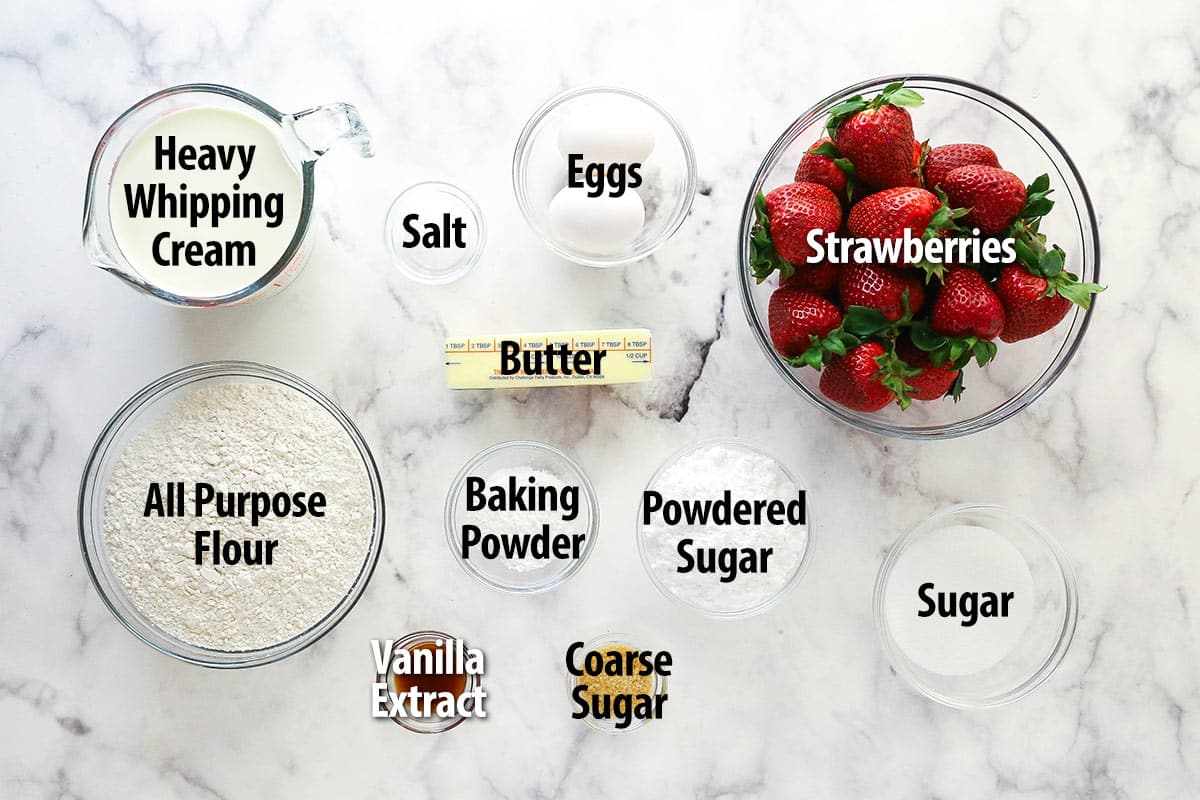 This strawberry shortcake recipe turns out cute, individual desserts made of flaky biscuits stuffed with juicy strawberries and whipped cream. Ingredients for strawberry shortcake.