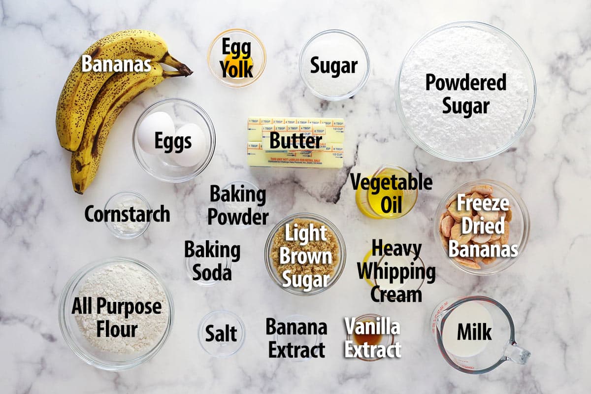 These banana cream pie cupcakes are too good! Moist, fluffy banana cupcakes are filled with vanilla custard and topped with banana frosting. Ingredients for banana cream pie cupcakes.