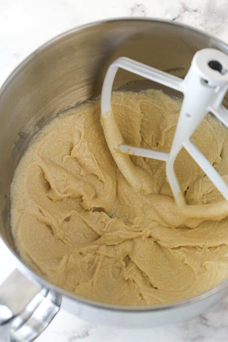 Creaming together butter, oil, and sugars for banana cupcakes.