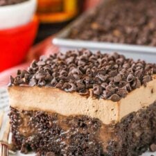 A square slice of Kahlua Chocolate Poke Cake on a white plate