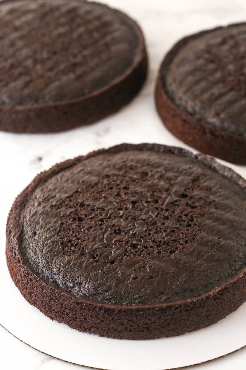 This Chocolate Zucchini Cake is so dreamy! 3 moist, zucchini-loaded chocolate cake layers are filled and frosted with chocolate buttercream. 3 layers of chocolate zucchini cake. One is on a cardboard cake circle.