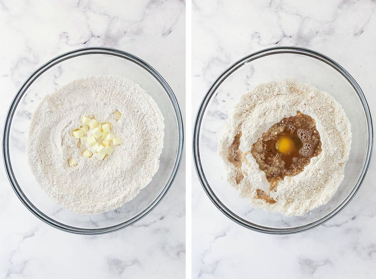 One photo of cubes of butter in a bowl with flour, the other showing wet ingredients added to a well in the flour
