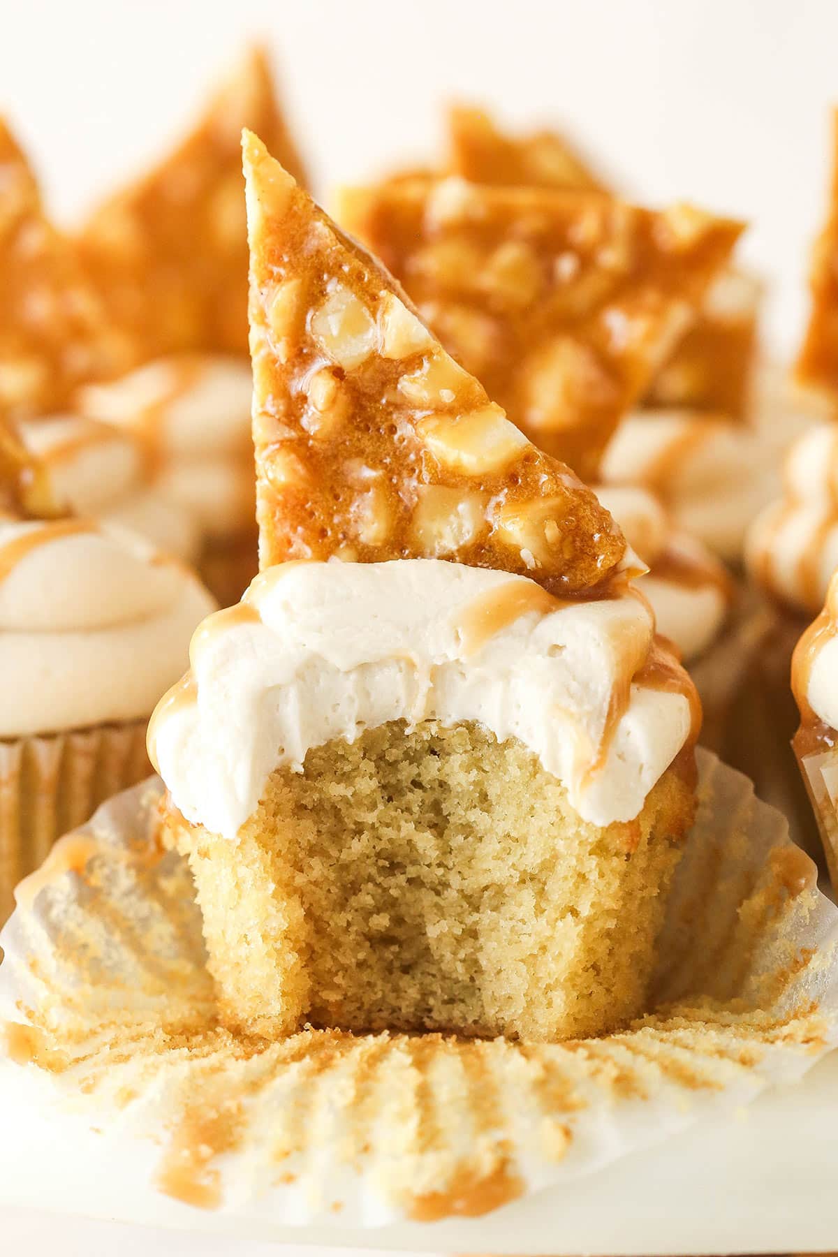 These macadamia brittle cupcakes are moist, sweet, and full of nutty caramel and brown sugar flavor. Topped with homemade brittle. A Macadamia Brittle Cupcake with a bite removed to show layers.