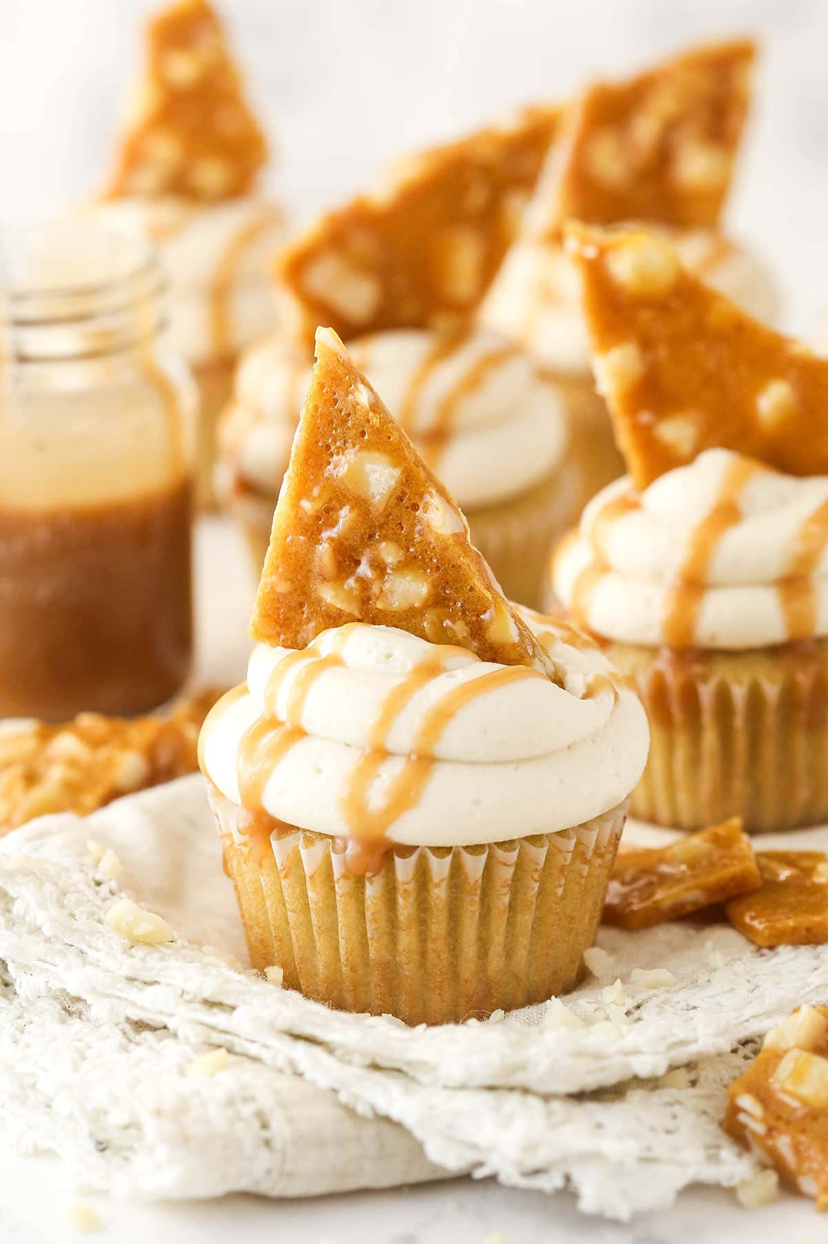 Macadamia brittle cupcakes on the counter