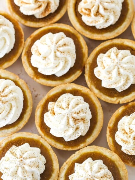Overhead view of miniature pumpkin pies topped with whipped cream.