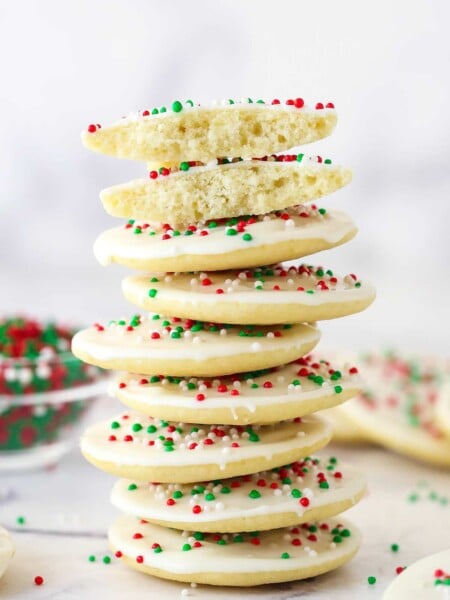 A stack of iced Cakey Christmas Cookies.