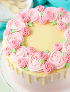 Overhead view of a full Carvel Cake with pink swirls on a white cake stand