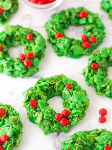 Christmas cornflake wreath cookies on a white background