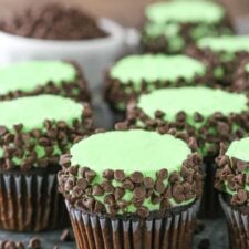 Side view of Mint Chocolate Chip Cupcakes on a gray plate