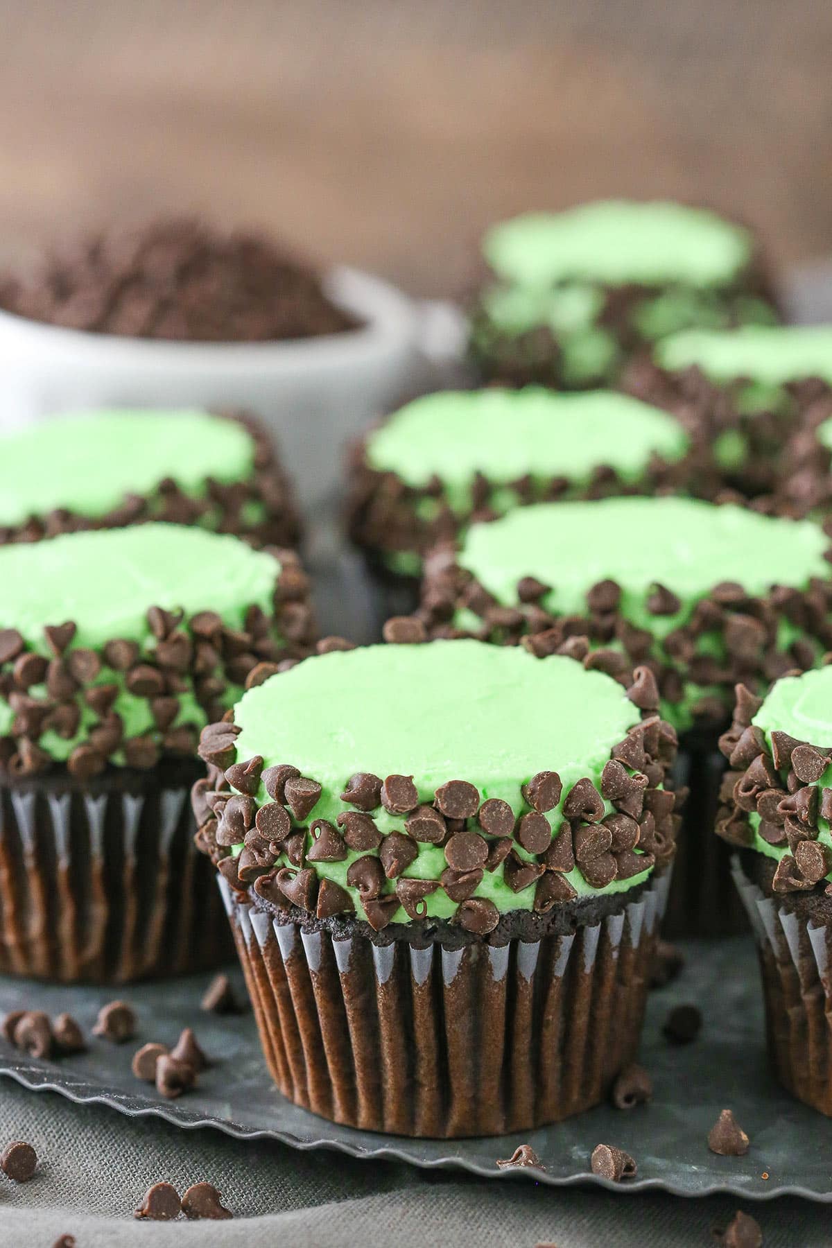 These Mint Chocolate Chip Cupcakes are made with a moist chocolate cupcake, mint frosting and mini chocolate chips! A classic flavor combination in cupcake form! Side view of Mint Chocolate Chip Cupcakes on a gray plate