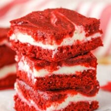 Three Red Velvet Brownies stacked on a white napkin