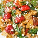 Strawberry Feta Balsamic Pasta Salad on a white plate