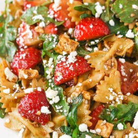 Strawberry Feta Balsamic Pasta Salad on a white plate