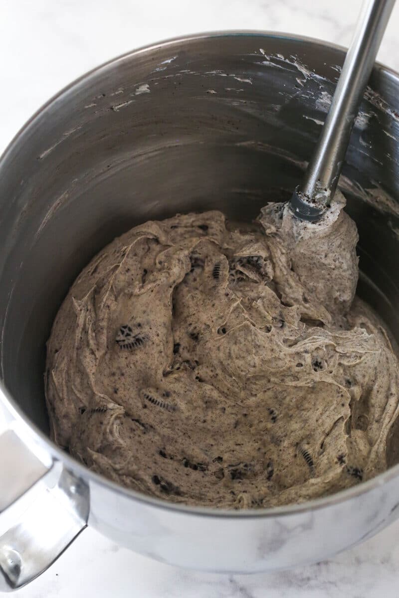 Oreo pie filling in a mixing bowl