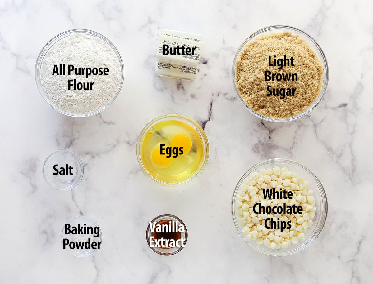 Ingredients for blondies spread out on a counter and labeled.