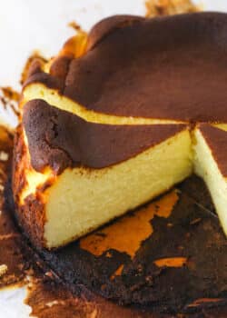 A sliced burnt basque cheesecake.