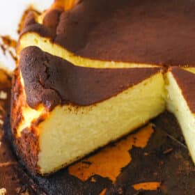 A sliced burnt basque cheesecake.