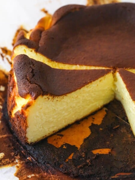 A sliced burnt basque cheesecake.