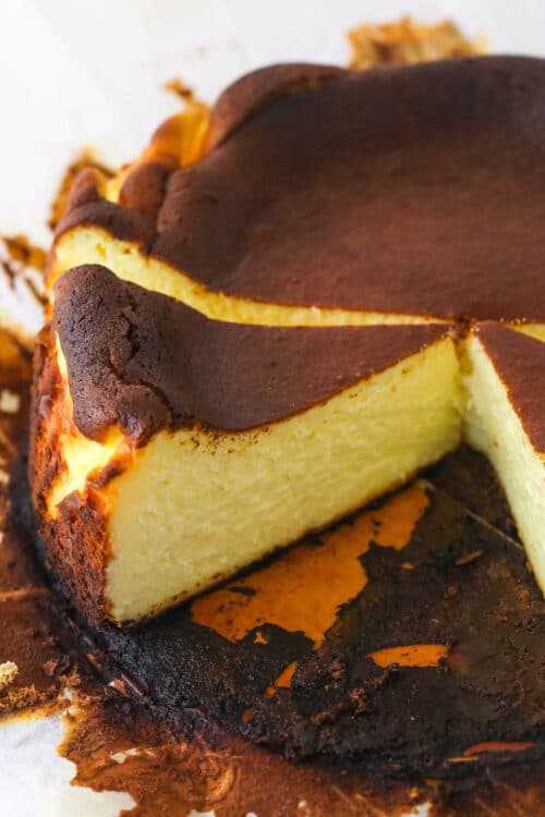 A sliced burnt basque cheesecake.