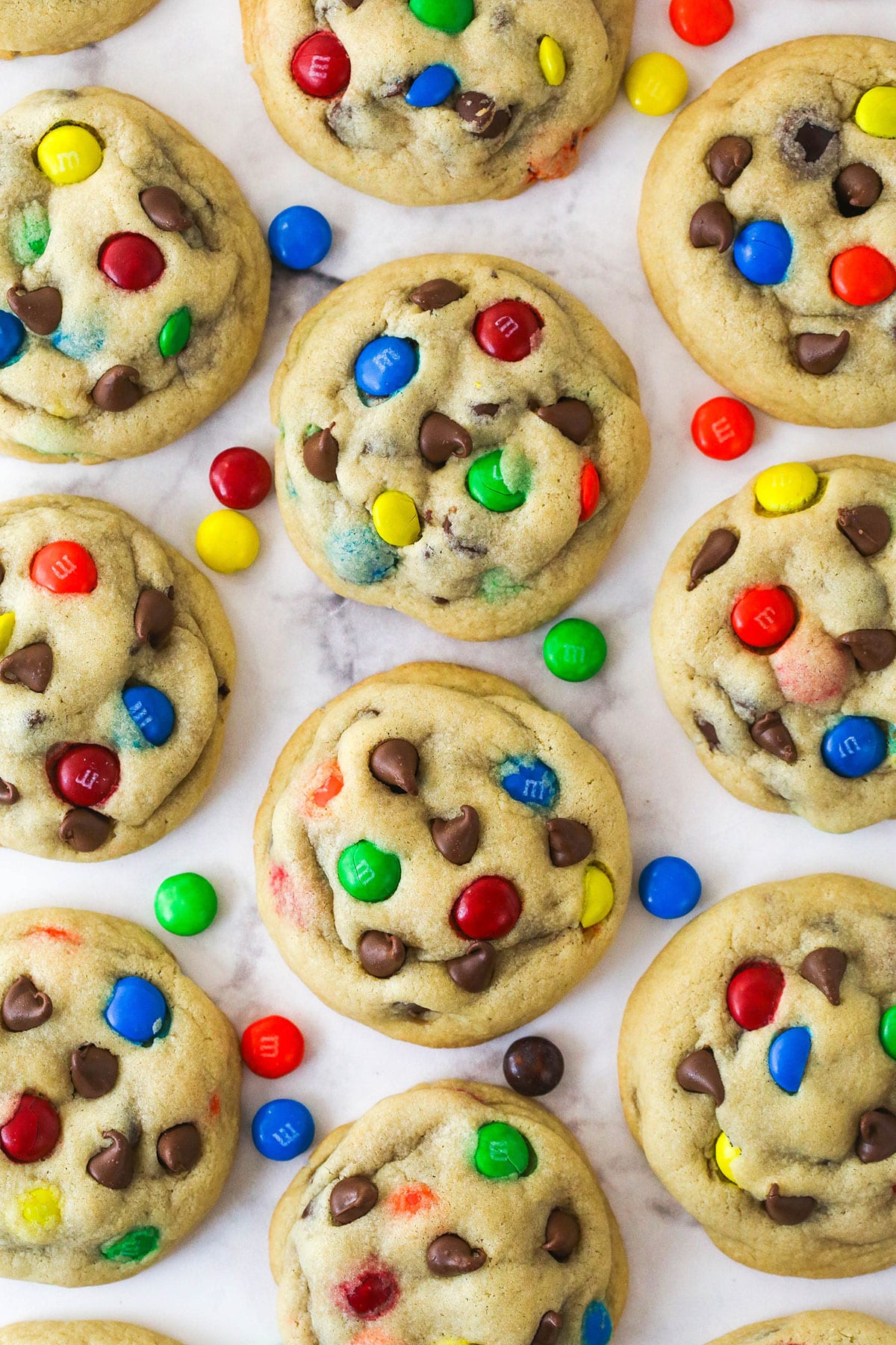 Overhead image of M&M cookies on a countertop.