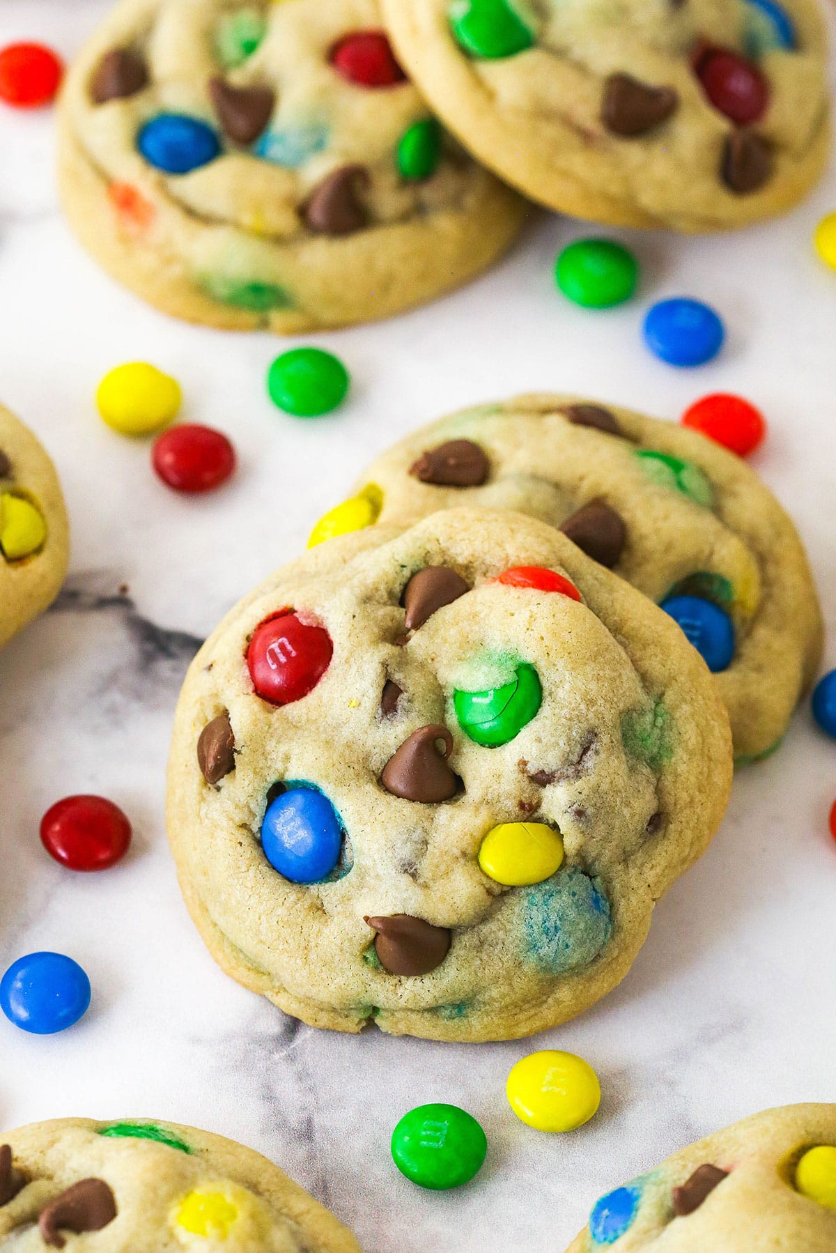 M&M cookies on a countertop.
