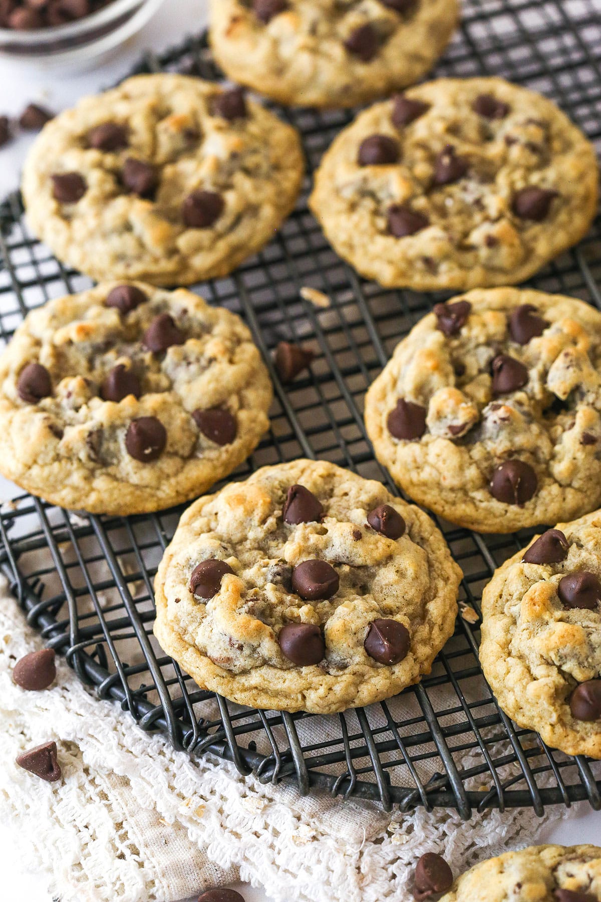 Oatmeal chocolate chip cookies on a cooling rack.