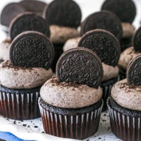 Oreo cupcakes on a serving platter.