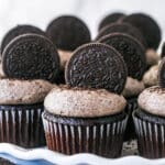 Closeup of Oreo cupcakes on a serving platter.