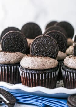 Closeup of Oreo cupcakes on a serving platter.