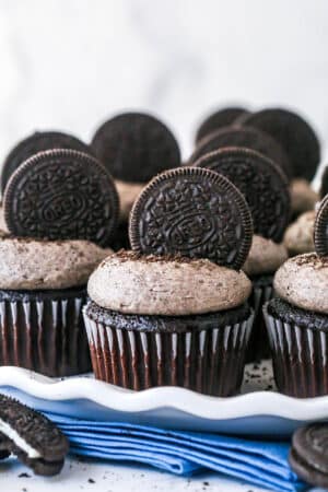 Closeup of Oreo cupcakes on a serving platter.