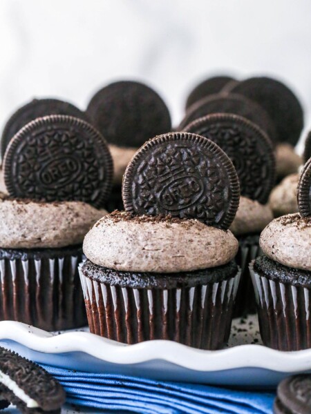 Closeup of Oreo cupcakes on a serving platter.