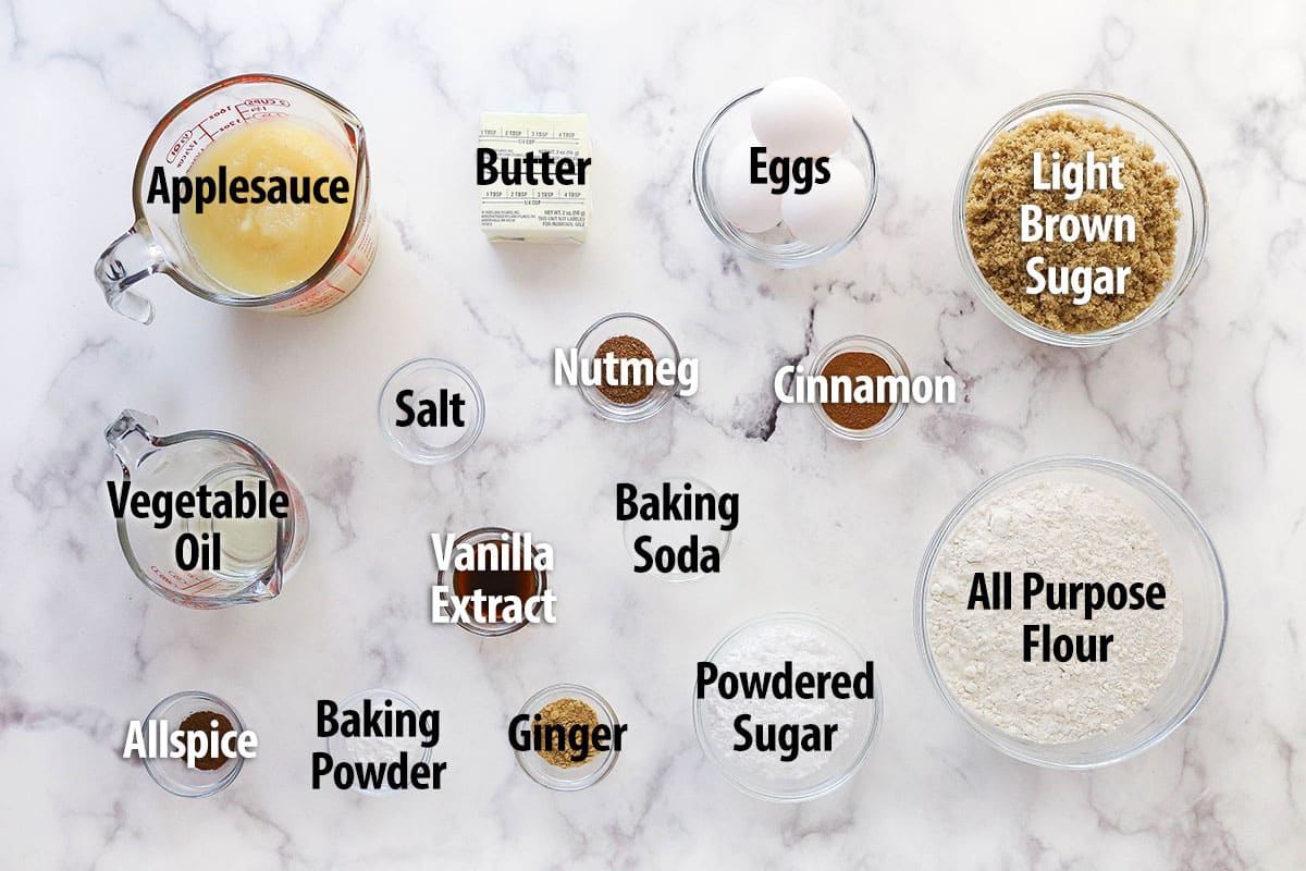 Labeled ingredients for applesauce cake.