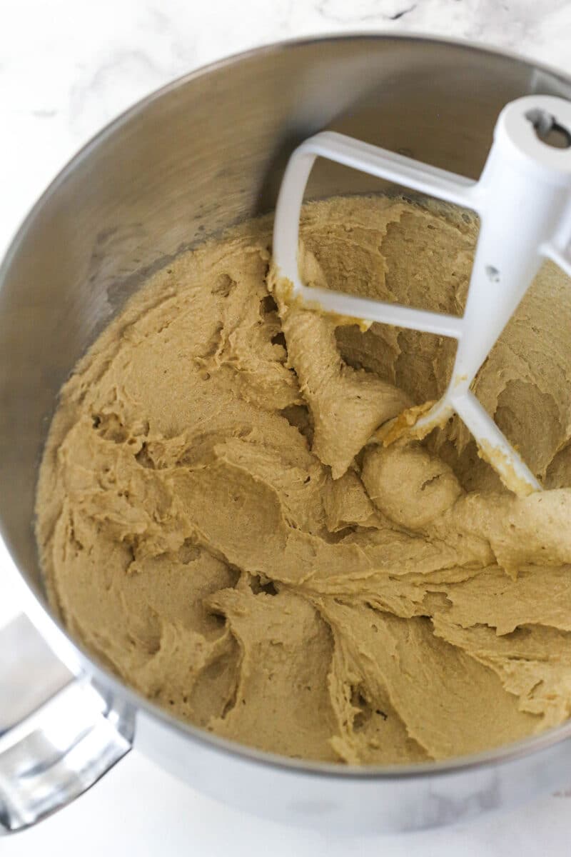 Creaming together butter, oil, sugar, and vanilla to make cake batter.